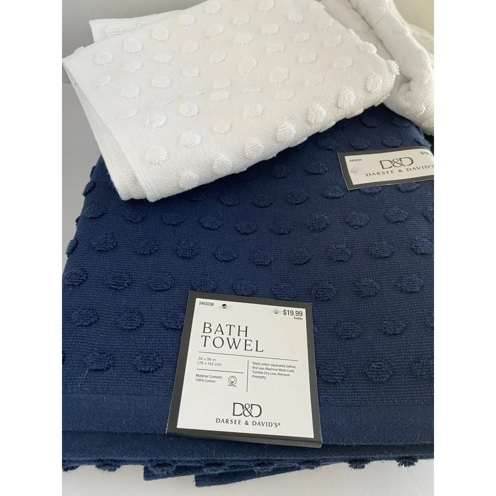 Darsee & David's D&D Set Of 2 Navy Blue Bath Towls 30x56 & 2 White Hand Towells